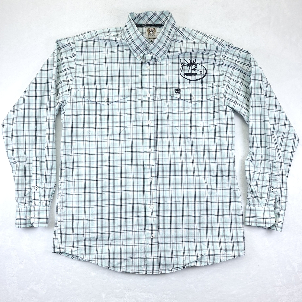 Cinch RMEF Deer Western Dress Shirt Plaid Long Sleeve Front Pocket Mens Size S - Picture 1 of 6